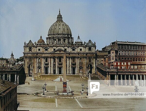 Die Basilika Sankt Peter im Vatikan  Petersplatz und Petersdom  Vatikan  um 1880  Rom  Italien  Historisch  digital restaurierte Reproduktion eines Fotos von Giorgio Sommer  koloriert  Europa
