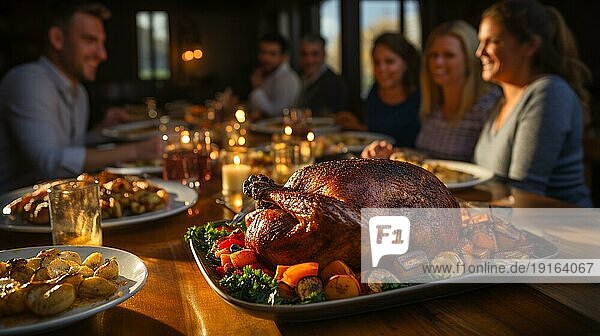 Der köstliche Thanksgiving Truthahn und alle Beilagen am Tisch von Familie und Freunden  generative AI