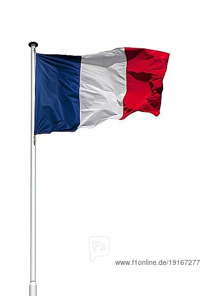 Französische Nationalflagge am Fahnenmast im Wind vor weißem Hintergrund