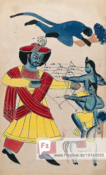 Rama  nach den Lehren des Hinduismus die siebente Inkarnation von Vishnu  kämpft mit seinen Söhnen Lava und Kusa und Hanuman hilft  Rama wurde während einer Pferdeopferzeremonie (Aswa-medha) von zwei Jungen gestört  die  nachdem sie ihre Onkel besiegt hatten  ihren Vater Rama bekämpften. Rama erkannte seine beiden Zwillingssöhne Lava und Kusa  als er gegen sie kämpfte  obwohl sie vor ihrer Geburt mit ihrer Mutter Sita verbannt worden waren  1890  Ostindien  Bengalen  Kolkata  Tempel Kalighat  Histori