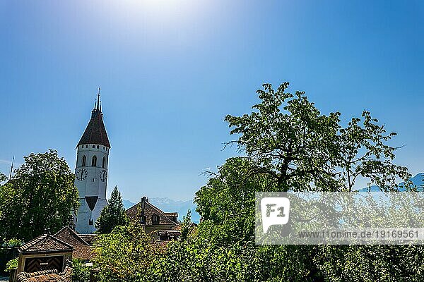 Kirchturm und Bäume mit Sonnenlicht in der Stadt Thun ein sonniger Tag in Thun  Berner Oberland  Kanton Bern  Schweiz  Europa