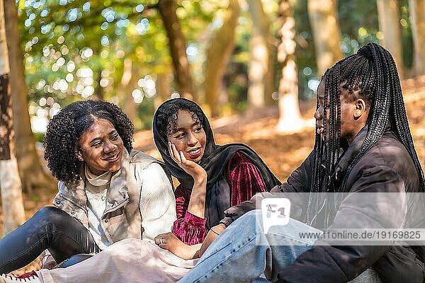 Gruppe von drei multikulturellen Freunden sitzt entspannt in einem Park