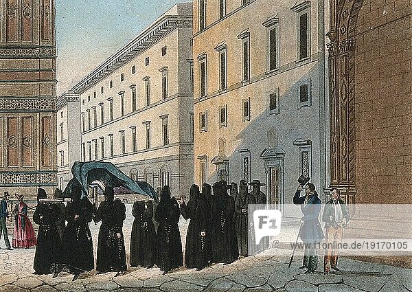Mönche tragen einen Leichnam in einem religiösen Leichenzug  Passanten zollen Respekt  1846  Florenz. Italien  Historisch  digital restaurierte Reproduktion von einer Vorlage aus dem 19. Jahrhundert