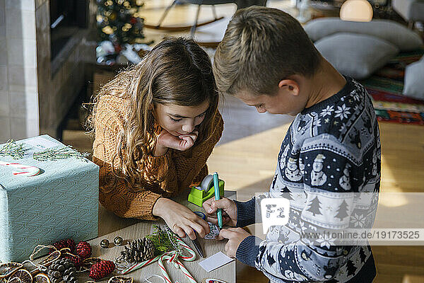 Sister with brother writing note near gift box at home