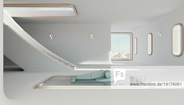 3D render of sofa floating in swimming pool placed in center of white painted minimalistic interior