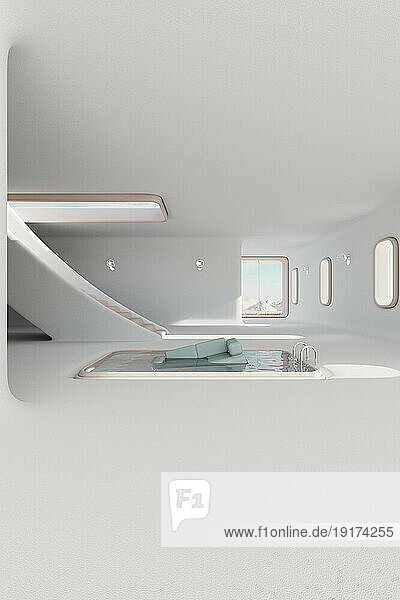3D render of sofa floating in swimming pool placed in center of white painted minimalistic interior