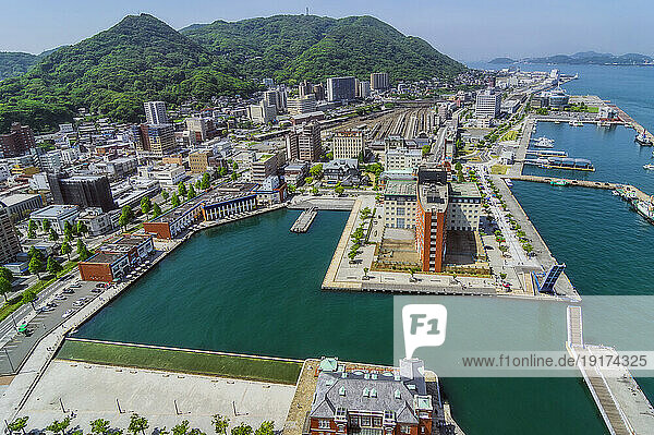 Japan  Fukuoka Prefecture  Kitakyushu  Aerial view of Mojiku ward waterfront in summer
