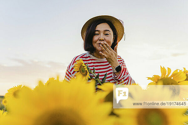 Woman with hat blowing kiss in sunflower field