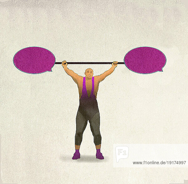 Illustration of strongman lifting barbell made of speech bubbles