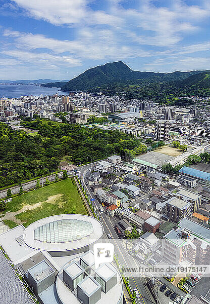 Japan  Oita Prefecture  Beppu  Aerial view of city on Kyushu island