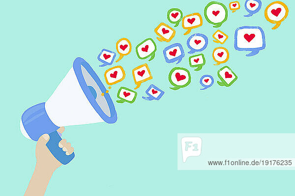 Illustration of hand holding megaphone spewing heart shaped social media icons