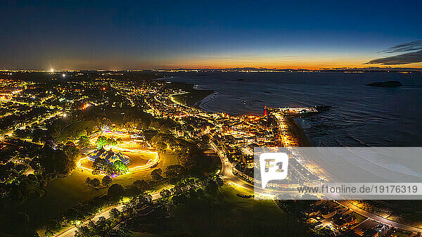 UK  Scotland  North Berwick  Aerial view of Fringe by Sea festival in Lodge Grounds park at sunset