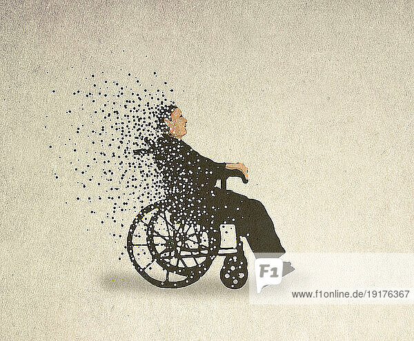 Illustration of man sitting in wheelchair disintegrating