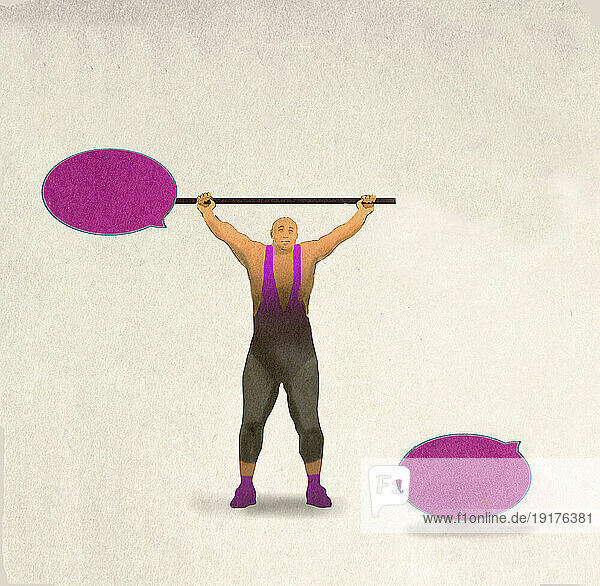 Illustration of strongman lifting barbell made of speech bubbles with one end broken off
