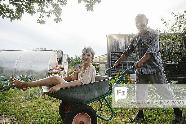 Smiling grandfather riding grandson on wheelbarrow