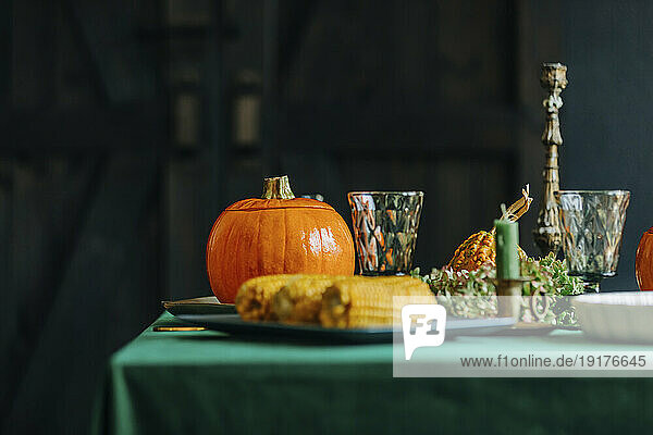 Thanksgiving dinner with decoration on dining table