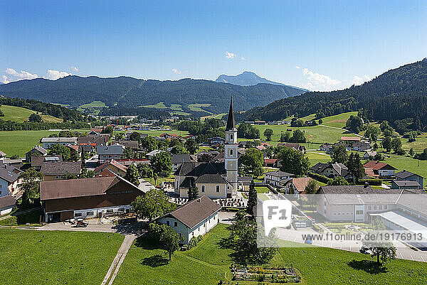 Austria  Upper Austria  Oberwang  Drone view of small village with church in center