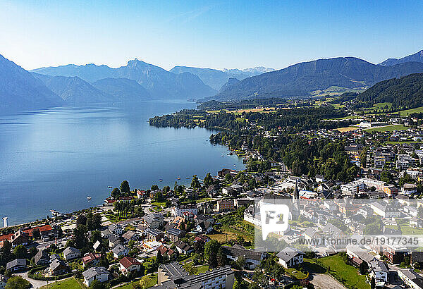Austria  Upper Austria  Altmunster  Drone view of town on shore of Traunsee lake