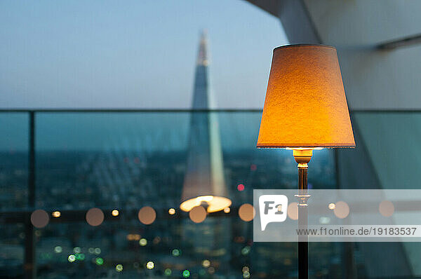 View of the Shard from a balcony at dusk