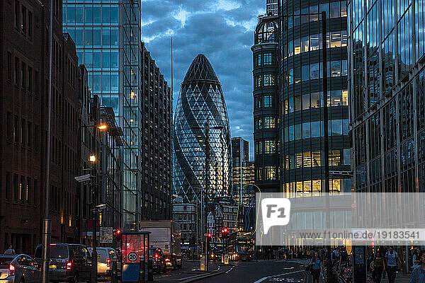 City of London and the Gherkin at dusk