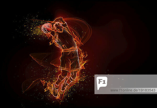 CGI Flame outline of basketball player jumping in the air to throw a ball