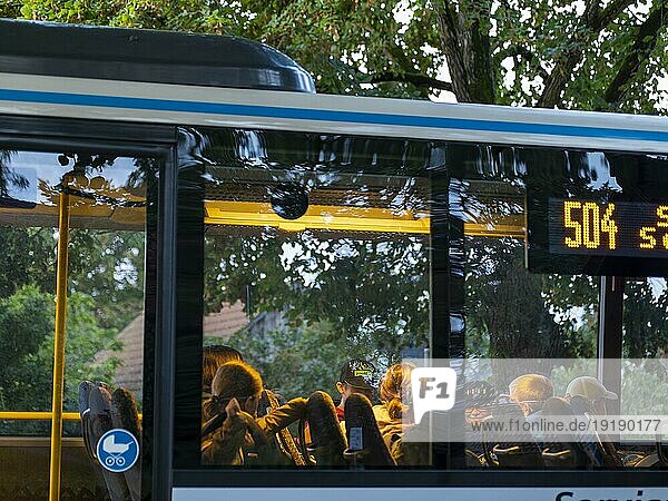Schulbus und Regionalbus an Haltestelle  Kinder sitzen darin  Schlepzig  Brandenburg  Deutschland  Europa