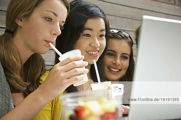 Teenaged girls using laptop computer drinking milk-shake
