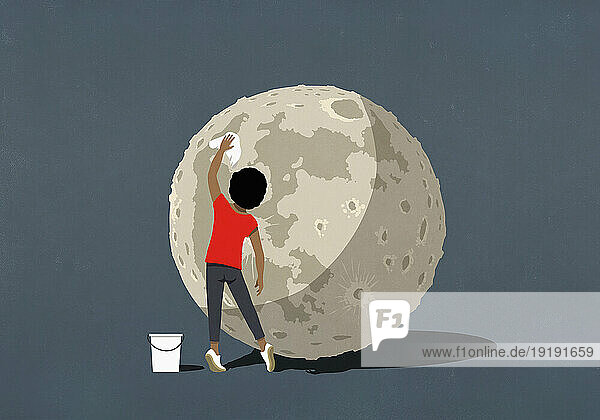 Woman cleaning surface of the moon