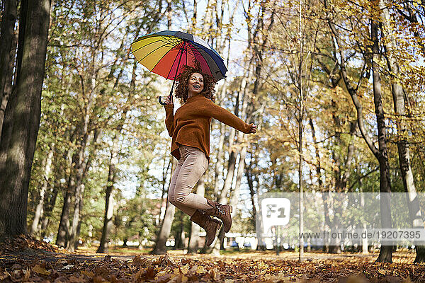 Smiling redhead woman jumping with colorful umbrella at autumn park