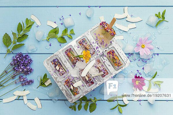 Homemade lemonade ice pops with herbs  edible flowers and coconut flakes