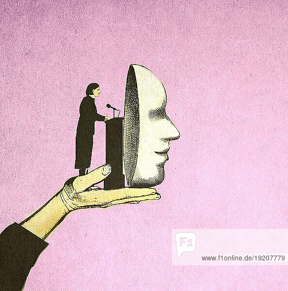 Illustration of oversized hand supporting female speaker talking in front of large mask symbolizing lies and dishonesty