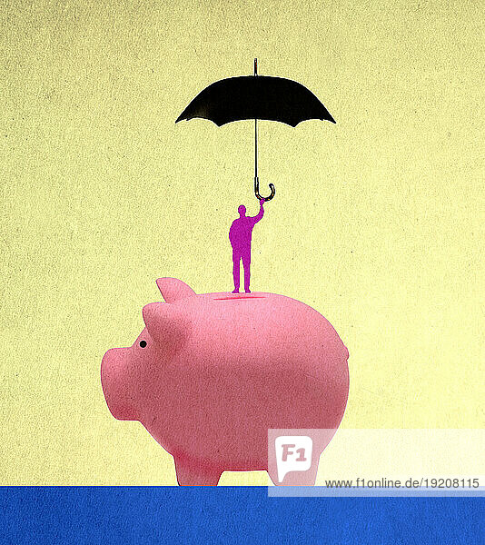 Illustration of man standing with umbrella on top of oversized piggy bank