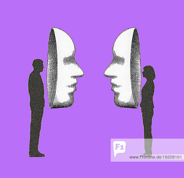 Illustration of man and woman wearing oversized masks standing face to face