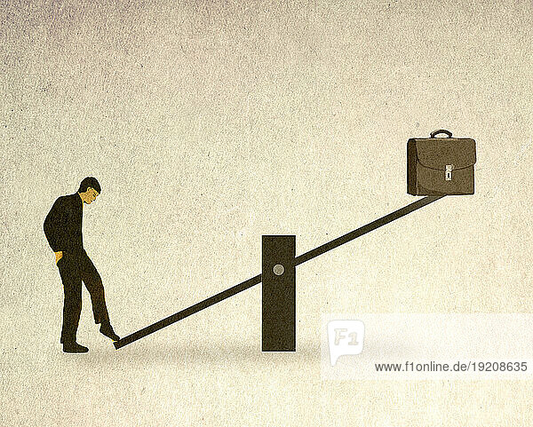 Illustration of man balancing briefcase on seesaw