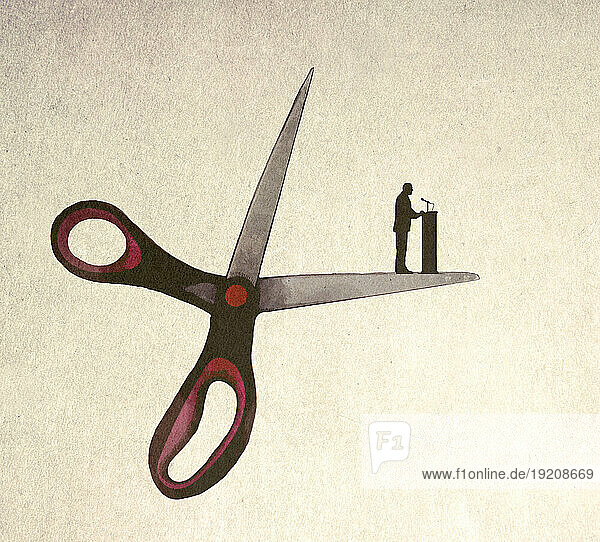 Illustration of public speaker standing on edge of oversized scissors symbolizing risk