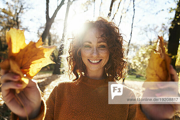 Happy redhead woman holding maple leaves at autumn park