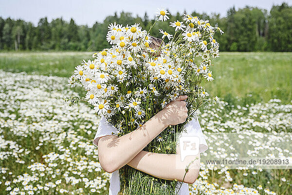 Boy holding bunch of chamomile flowers over face