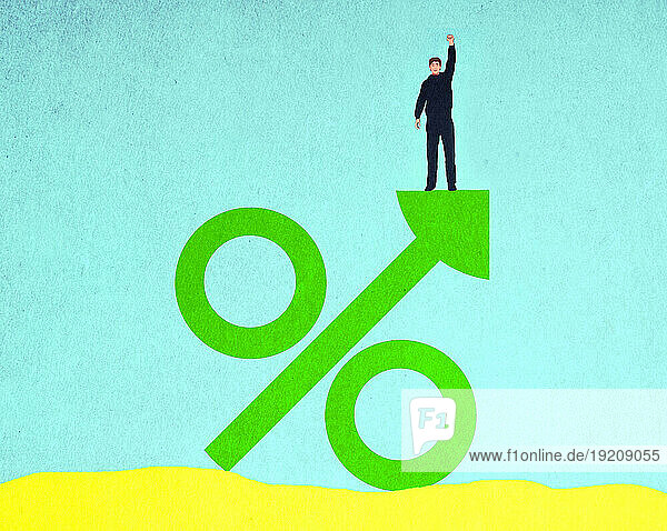 Illustration of man standing on top of oversized percentage sign
