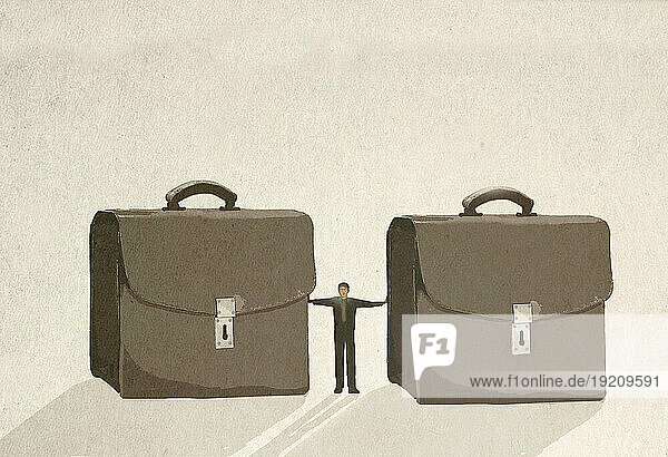 Illustration of businessman standing between two oversized briefcases symbolizing amount of work