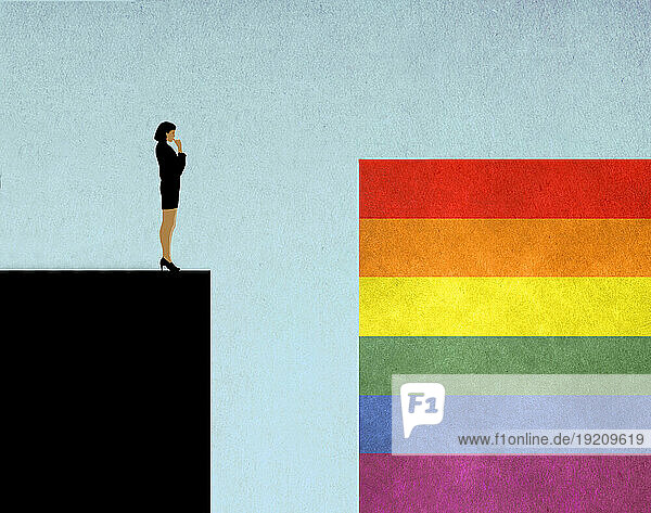 Illustration of woman standing at edge of steep cliff looking at rainbow flag on opposite side