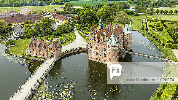 Denmark  Southern Denmark  Kvaerndrup  Aerial view of Egeskov Castle and surrounding park