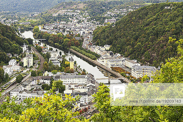 Germany  Rhineland-Palatinate  Bad Ems  View from hilltop overlooking spa town on Lahn river