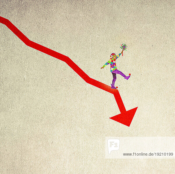 Illustration of jester standing on downward arrow