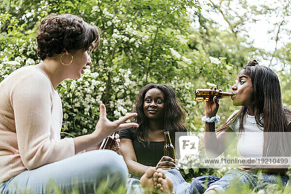Woman talking with friends drinking beer at park