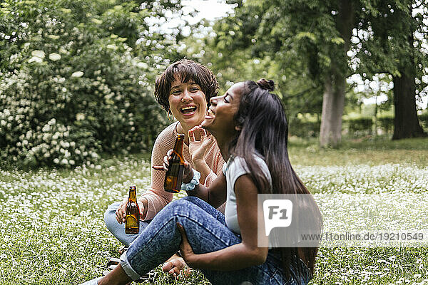 Young friends holding beer and laughing at park