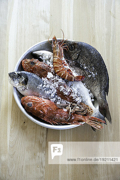Frische Fische und Meeresfrüchte mit Eis in einer Schale