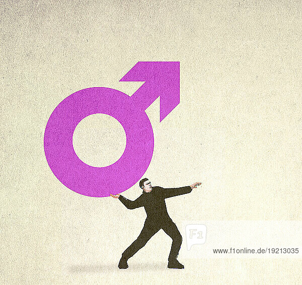 Illustration of man throwing male symbol symbolizing stereotypical masculinity