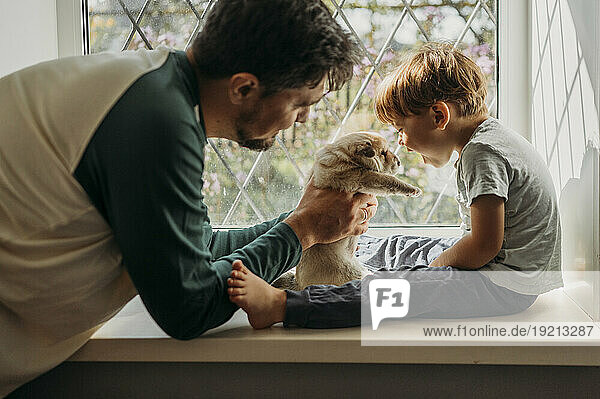 Father giving cute mixed breed to son sitting in window at home
