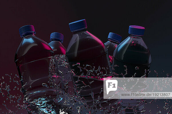3D render of water swirling around plastic bottles