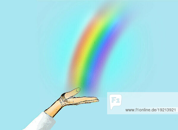Illustration of hand holding rainbow